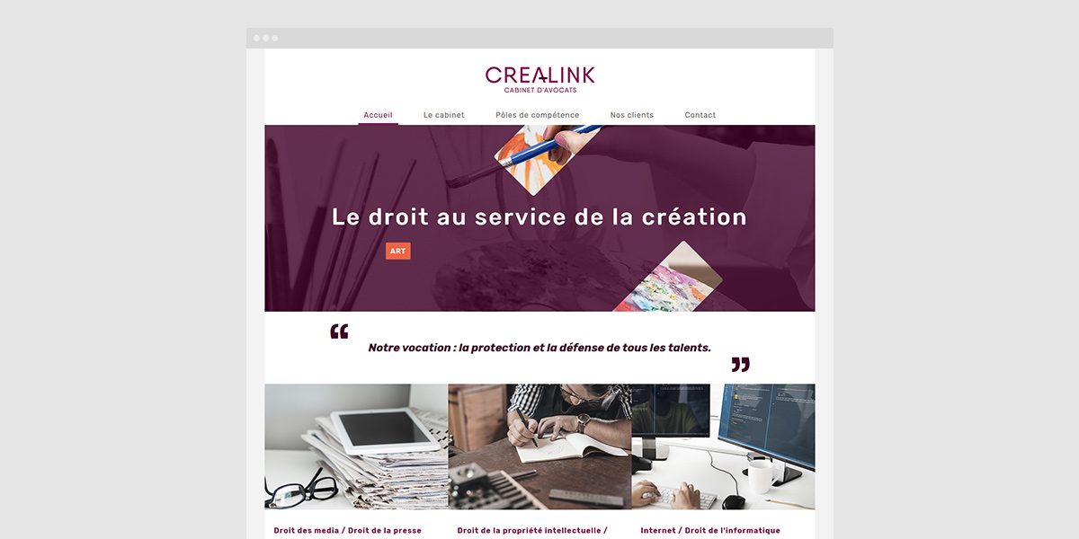 Vue du haut de la page d'accueil du site Crealink